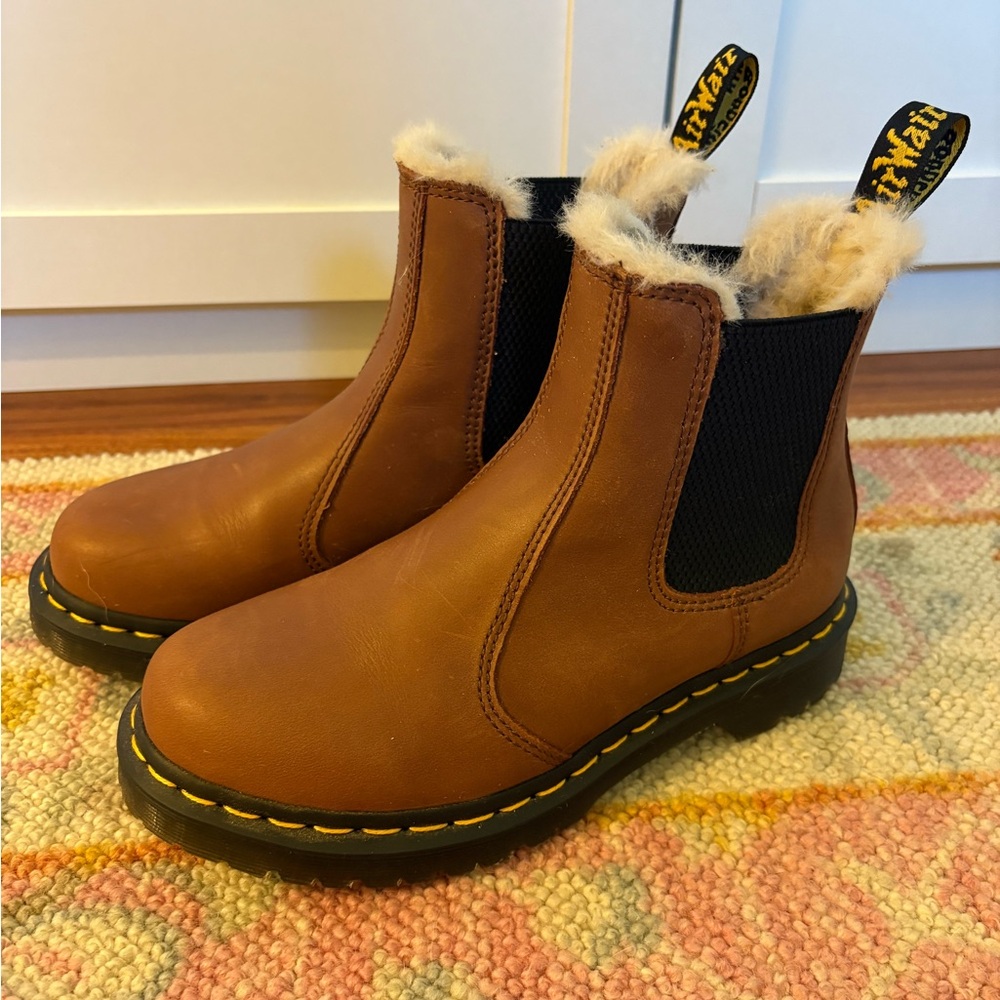 Dr. Martens Tan Leather Boots with Fur Trim